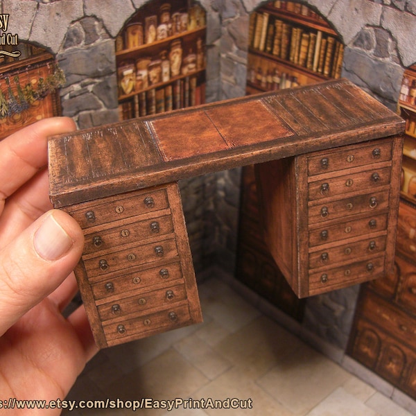 Bureau médiéval miniature, pour maisons de poupées à l'échelle 1:12, dioramas, boîte de chambre... TÉLÉCHARGEMENT imprimable, bricolage en papier avec tutoriel vidéo facile.