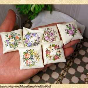 1:12 Printable Miniature Cushions and pillows Set. Victorian Flower Embroidery, Printable DOWNLOAD, DIY, tutorial pape or printable fabric