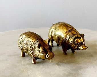 Vintage Mini Mid Century Set of Two Brass Pigs with Patina Finish