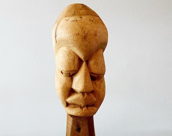 Vintage Hand Carved Wood Bust Sculpture - Long Neck Folk Art Primitive Figure