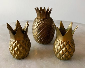 Set of 3 - Vintage Brass Pineapple Candlestick Holders - Made in Taiwan and India