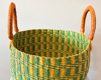 Large Vintage Yellow and Green Leather Handled Round Wicker Basket