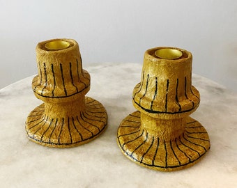 Vintage Yelow Ochre Striped Paper Mache Set of 2 Candle Holders for Candles with 1 inch diameter