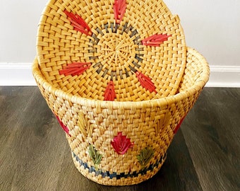 Large Boho Ethnic Vintage Lidded Coiled Mexican Basket