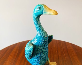 Vintage Chinese Export Turquoise Porcelain Duck Figurine, Around 1900s