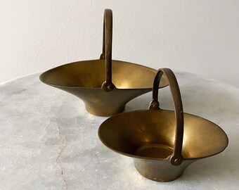 Set of 2 Vintage MCM Solid Brass Baskets with Hinged Movable Handles - Made in India