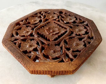 Vintage 1970s Footed Hand Carved Sheesham Wood Octagonal Trivet Made in India with Floral Desisn