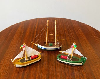 Set of 3 Vintage Handmade Delicate Colorful Miniature Sailboats, Made in China