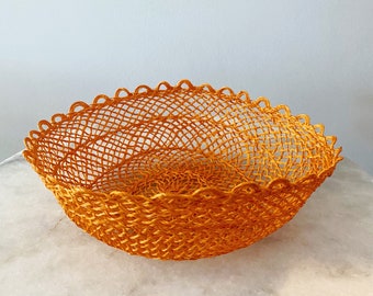 Intricately Woven Vintage Orange Starched Yarn String Wicker Rattan Basket