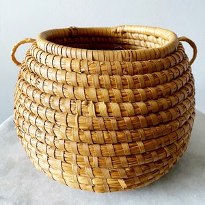 Vintage Boho Eclectic Handwoven Coil Rattan Straw Wicker Handled Basket