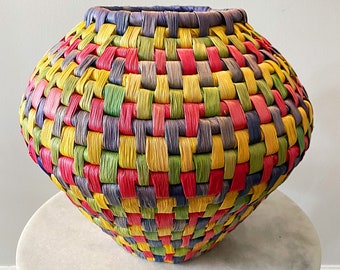 Large Colorful Boho Ethnic Vintage Woven Raffia Rattan Wicker Natural Fiber Basket