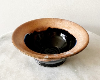 Beautiful Vintage Handmade Dark Blue and Natural Brown Glazed Ceramic Earthenware Decorative Bowl