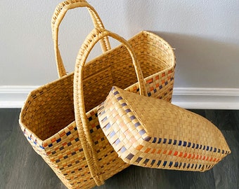 Vintage Handmade Woven Straw Wicker Rattan Lidded Market Bag Basket Tote