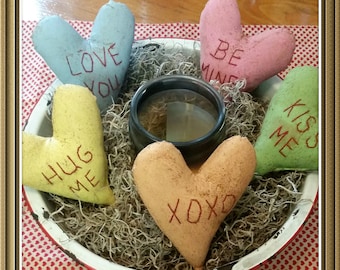 primitive conversation Valentine hearts, heart bowl fillers, Valentines Day decor, prim Valentines, heart tucks, OFG, FAAP, farmhouse decor