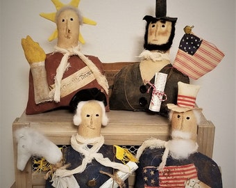 primitive Americana Abe Lincoln, George Washington, Uncle Sam, Lady Liberty bust tucks, patriotic shelf sitters, Ben Franklin, FAPM