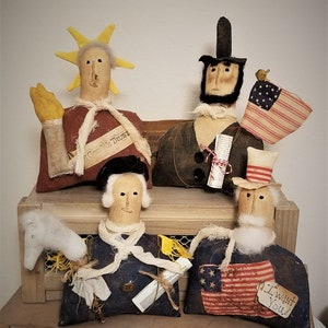 primitive Americana Abe Lincoln, George Washington, Uncle Sam, Lady Liberty bust tucks, patriotic shelf sitters, Ben Franklin, FAPM