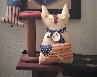 primitive rescue Independence cat, Betsy the cat, 4th of July decor, July 4th day tuck, OFG, FAPM, red white blue decor, USA decor,Americana