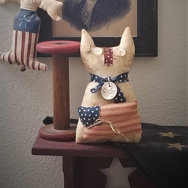 primitive rescue Independence cat, Betsy the cat, 4th of July decor, July 4th day tuck, OFG, FAPM, red white blue decor, USA decor,Americana