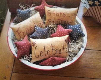 primitive patriotic Americana star pillow bowl fillers, July 4th bowl fillers, OFG, FAPM, red white and blue independence Day ornies