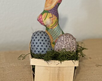 bunny eggs in basket, Easter decor, Spring decor, FAPM, vintage fabric bunny and eggs, bunny and eggs in basket, shelf sitter, bowl filler