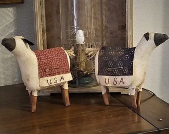 primitive patriotic Americana USA sheep tuck, sheep shelf sitter, farmhouse sheep decor, OFG, FAPM, Independence Day decor, American sheep