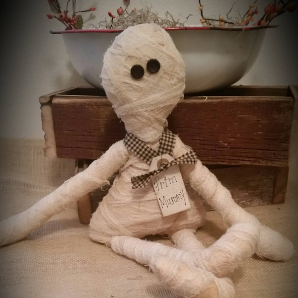 primitive Mummy rag doll, Halloween decor, OFG, FAPM, prim mummy doll, shelf sitter, cupboard tuck, bowl filler, Mummy raggedy doll