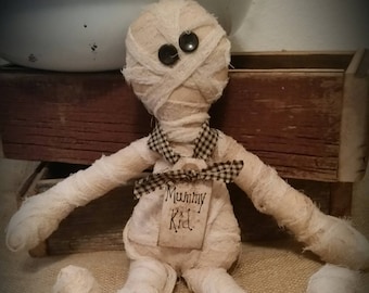 Primitive Mummy baby, prim Halloween decor, mummy rag doll, OFG, FAPM, mummy, Halloween shelf sitter, baby mummy doll, grungy mummy,