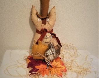 primitive Fall decor, rescue cat bowl filler, shelf sitter, FAPM, Autumn decor, Fall cat, Thanksgiving decor, Thanksgiving cat