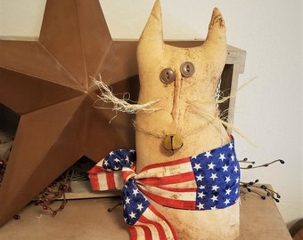 primitive patriotic cat tuck, Americana cat shelf sitter, Independence kitty tuck, OFG, FAPM. farmhouse kitty, July 4th decor,