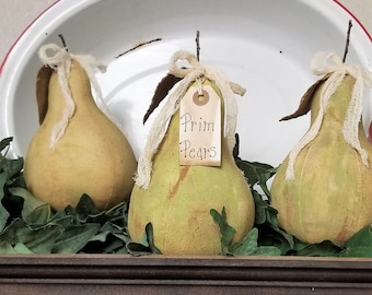 primitive farmhouse tiered tray pear bowl fillers, fall fruit decor, OFG, FAPM, pear shelf sitters, farmhouse home decor, prim pears,