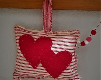 Valentine decor, prim Valentine pillow, heart pillow, FAPM, OFG, primitive Valentine, heart pillow peg hanger, Valentine shelf sitter