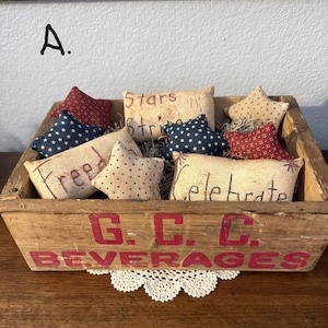 primitive patriotic Americana star pillow bowl fillers, July 4th bowl fillers, FAPM, red white and blue Independence Day ornies, 1776-2026