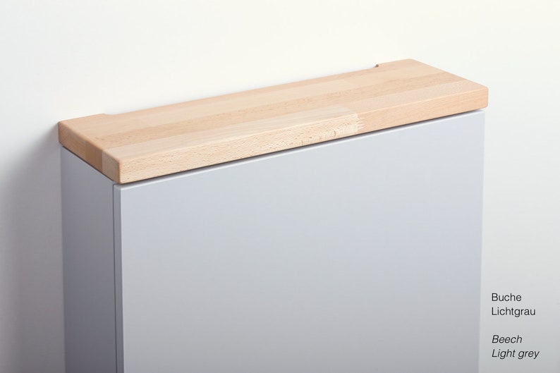 May include: A light grey cabinet with a beech wood top. The text "Buche Lichtgrau" and "Beech Light grey" is printed below the cabinet.