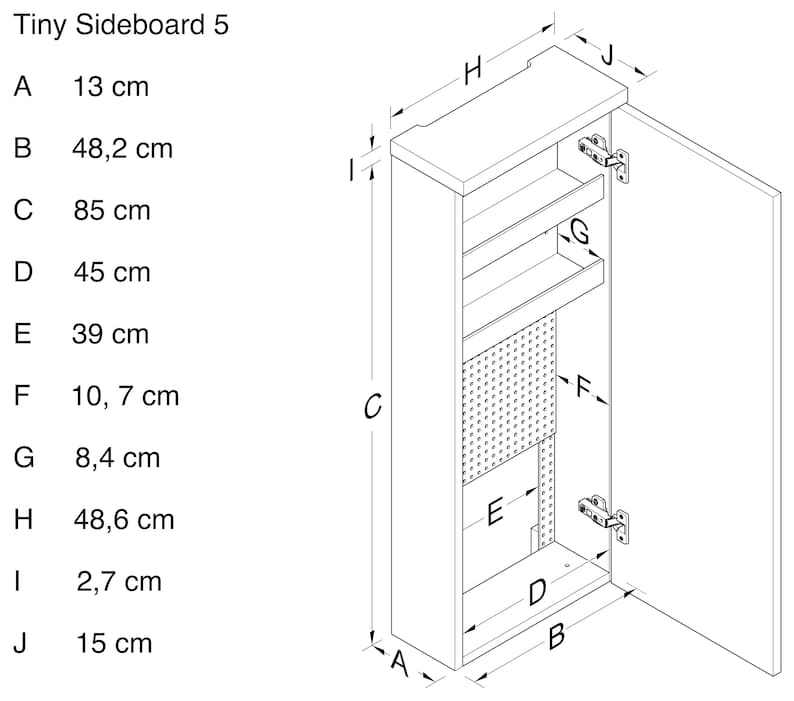 May include: A white, narrow, tall cabinet with a door that opens to reveal shelves and a pegboard. The cabinet is labelled with measurements in centimetres: A 13 cm, B 48.2 cm, C 85 cm, D 45 cm, E 39 cm, F 10.7 cm, G 8.4 cm, H 48.6 cm, I 2.7 cm, J 15 cm.