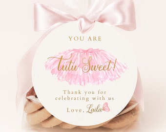Editable Tutu Birthday Thank you tag, Ballerina Favor Tag, Ballerina Party Decorations, Birthday Stickers,  Pink and Gold Birthday Tag