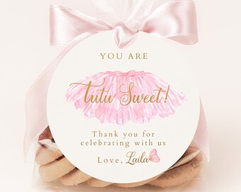 Editable Tutu Birthday Thank you tag, Ballerina Favor Tag, Ballerina Party Decorations, Birthday Stickers,  Pink and Gold Birthday Tag