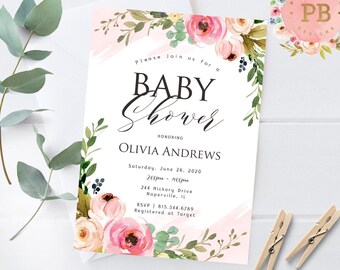 Blush Pink Floral Baby Shower Invitation Girl, Printable Girl Baby Shower Invitation, Pink, It's a Girl