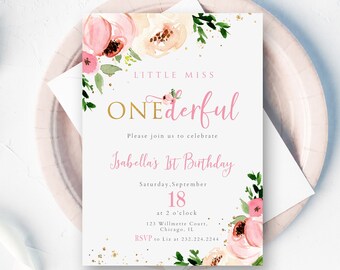 Little Miss Onederful Invitation, Girl Birthday invitation, Printable First Birthday Invitation, Blush Floral Birthday Invitation