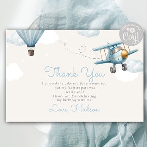 Bearbeitbare Flugzeug Dankeskarte Geburtstag Abenteuer Reise Danke Babyparty Einladung Heißluftballon Sofortiger Download Corjl Vorlage