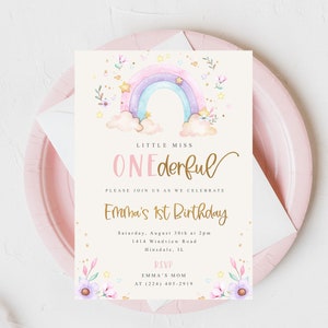Rainbow Little Miss Onederful Invitation, Girl Birthday invitation, Printable First Birthday Invitation, Blush Floral Birthday Invitation