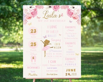 Ballerina Milestone Poster, Tutu Milestone, First Birthday Poster, Chalkboard Sign, Blush Pink and Gold, Birthday Poster, 1st Birthday
