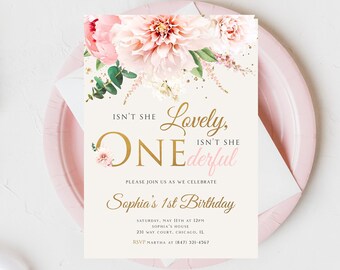 Isn't She Onederful First Birthday Party Invitation, Printable Baby Girl 1st Birthday Template, Blush Pink, Floral Birthday Invitation