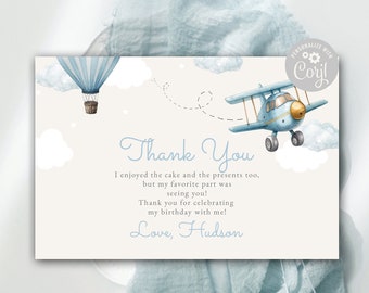 Editable Airplane Thank You Card Birthday Adventure Travel Thank You Baby Shower Invitation Hot Air Balloon Instant Download Corjl Template