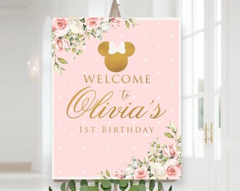Minnie Mouse Welcome Sign, Minnie Mouse Birthday,  Blush Pink and Gold Birthday Welcome Sign, Birthday Decorations, Girl Birthday, PRINTED