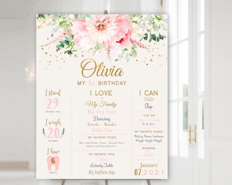 Floral Birthday Milestone Board Template, Baby Birthday Milestone Sign, Baby's First Birthday, Pink Blush Floral Milestone, PRINTED