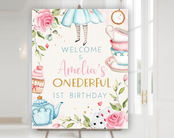 Alice in Wonderland Welcome Sign, Pink Mad Tea Party Sign,  Onderland Girl 1st Birthday, Floral Mad Hatter Welcome Sign, Birthday Decoration