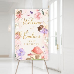 Signo de bienvenida de cumpleaños de hadas, signo de jardín de hadas, bienvenida caprichosa cumpleañera del bosque encantado, cumpleaños de fiesta de hadas florales, IMPRESO