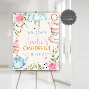 Alice in Wonderland Backdrop, Alice in Onederland Decorations, Onederland Girl Pink 1st Birthday Party, 1st Mad Tea Party Banner, PRINTED image 3