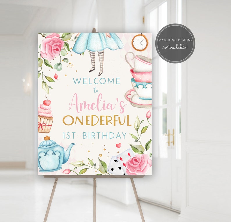 Alice in Wonderland Backdrop, Alice in Onederland Decorations, Onederland Girl Pink 1st Birthday Party, 1st Mad Tea Party Banner, PRINTED image 3