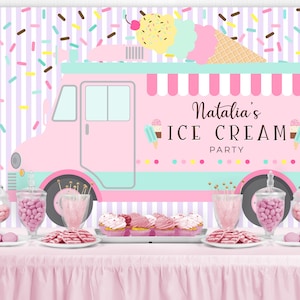 Ice Cream Party Backdrop, Cake Table Backdrop, Ice Cream Truck Birthday Backdrop Banner Welcome, Ice Cream Party Girl Pink Sign, PRINTED